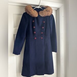 Vintage Girls Navy Coat with Faux Fur Collar